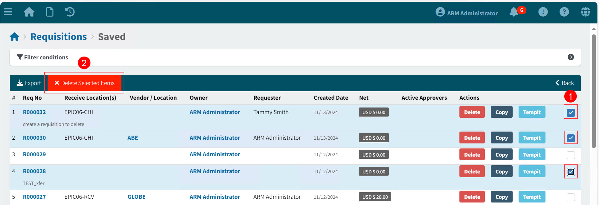 DeleteSelectedRequisitions