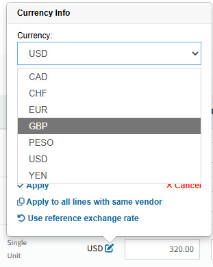 ExampleSelectingCurrencyOnRequisition