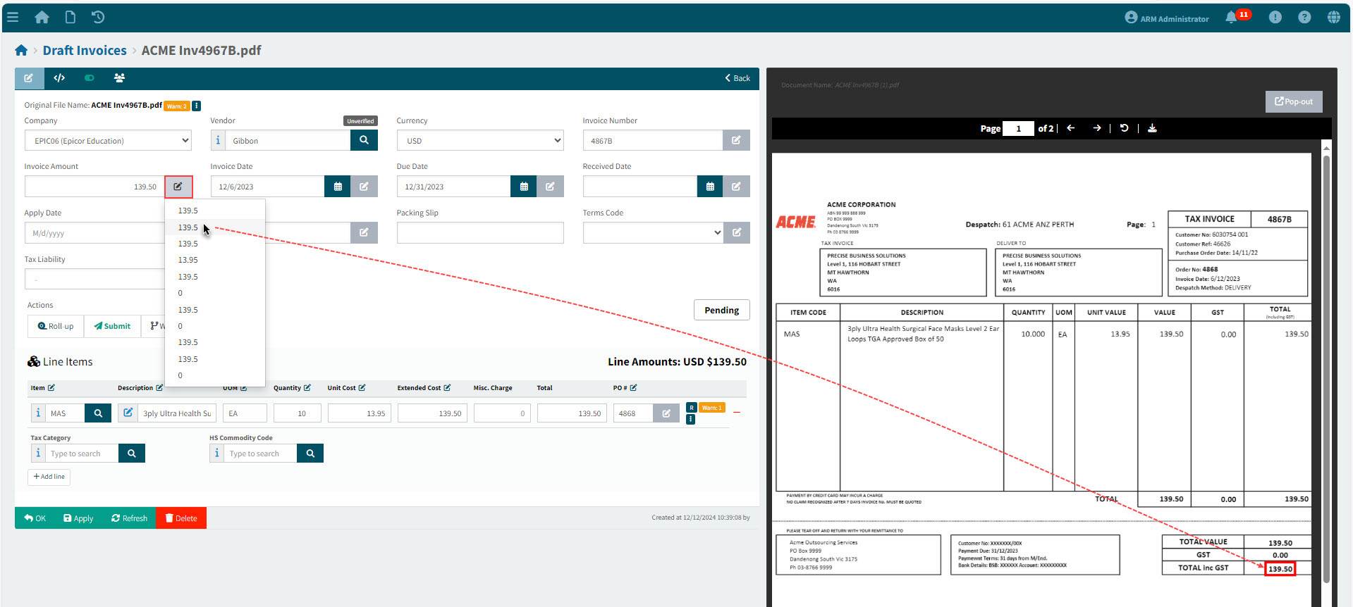 FindAlternativeInvoiceTotal