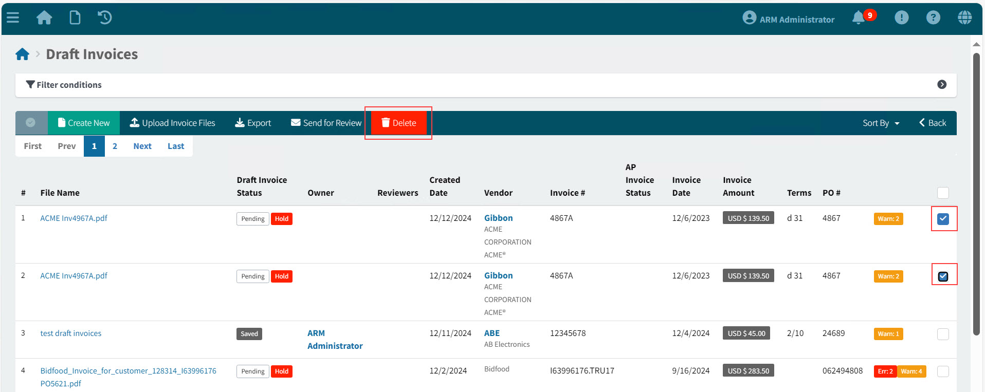 DeleteTwoInvoices